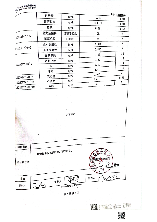 山东一诺地下水检测报告6